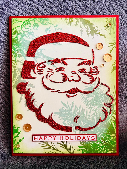 Glitter Santa Claus Face Winter Foliage Happy Holidays Christmas Card