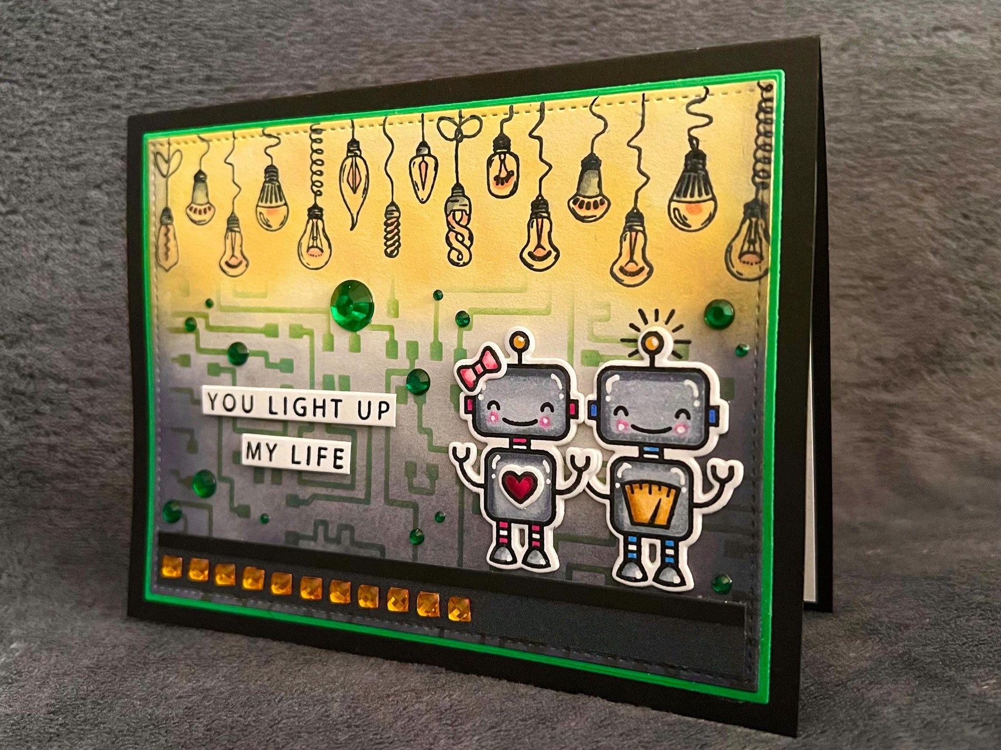 Robot Couple And Lightbulbs You Light Up My Life Card