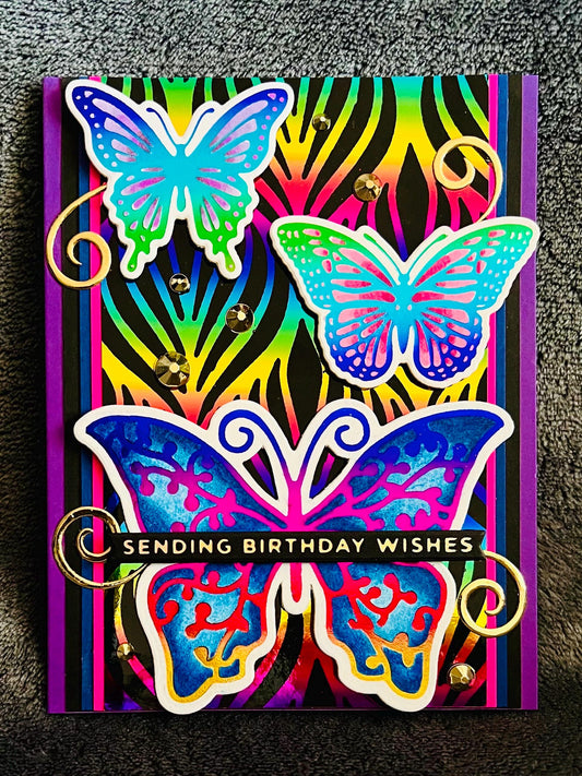 Butterfly Trio Rainbow Background Birthday Card