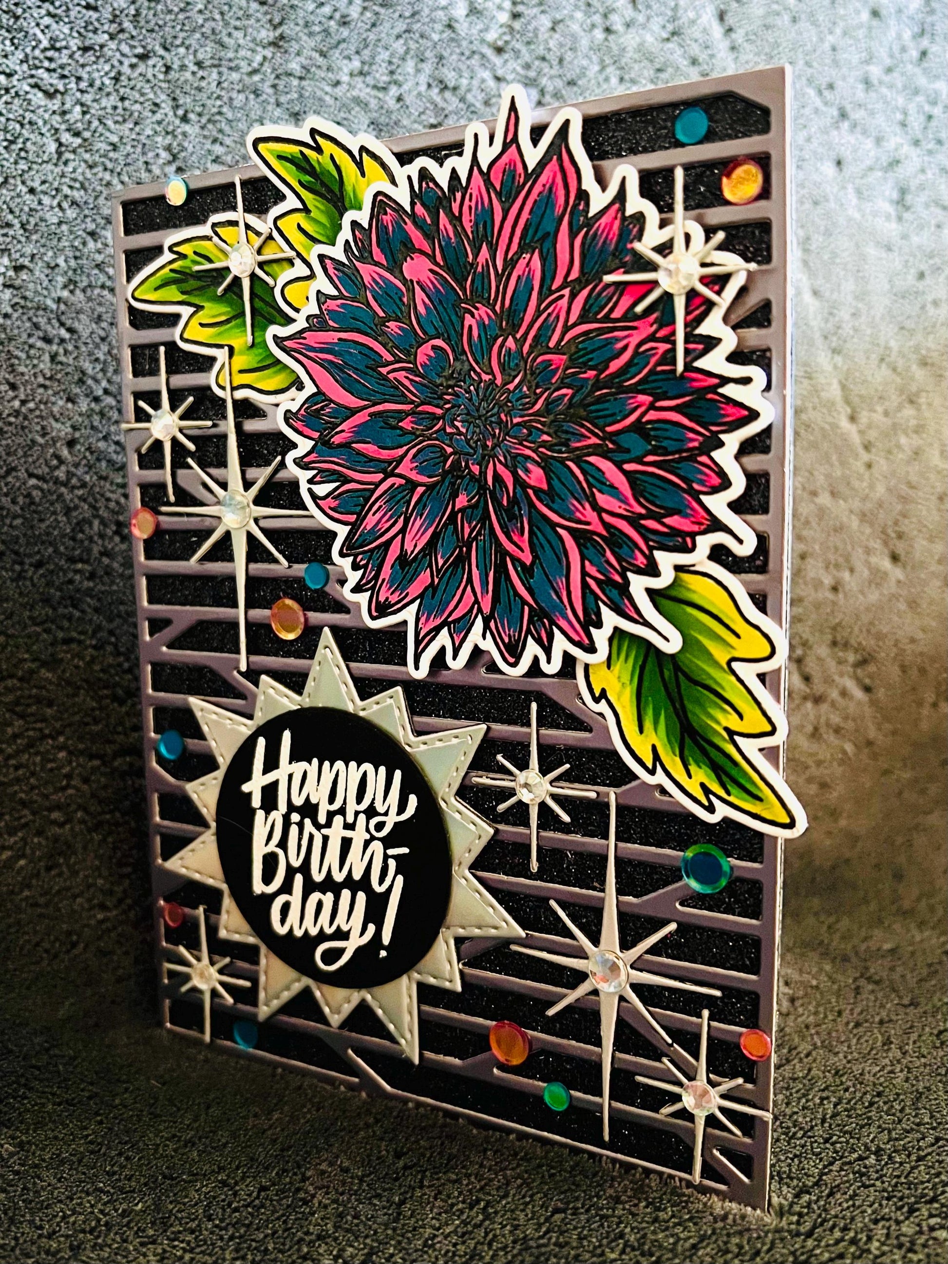 Teal and Pink Dahlia with Iridescent Silver Twinkling Sparkles Birthday Card