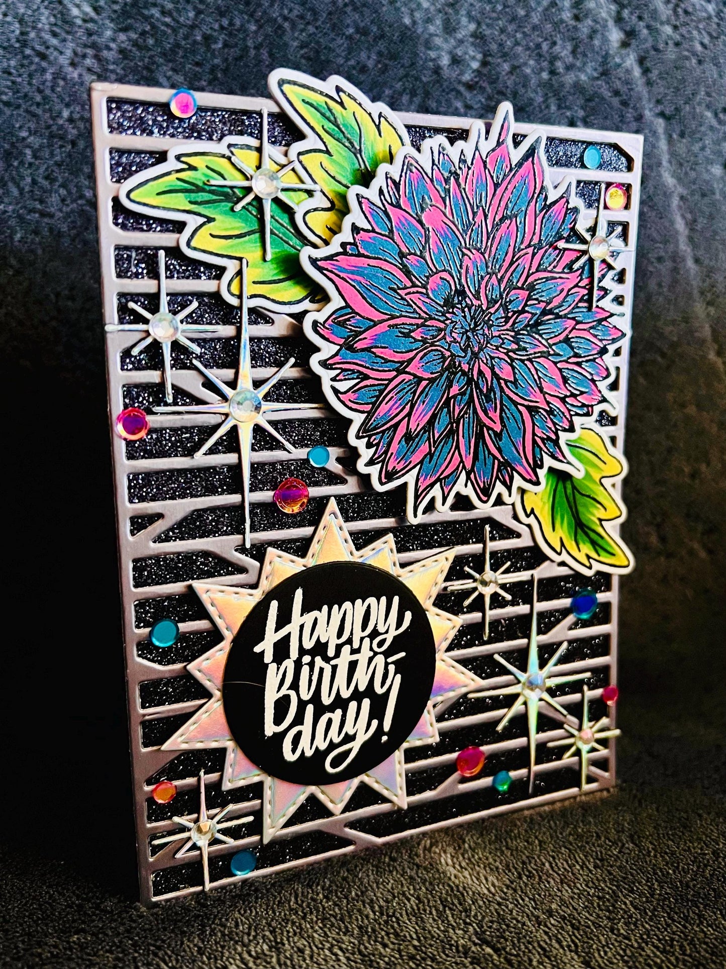 Teal and Pink Dahlia with Iridescent Silver Twinkling Sparkles Birthday Card