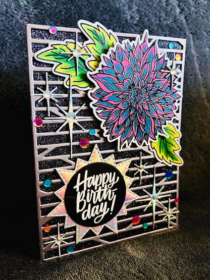 Teal and Pink Dahlia with Iridescent Silver Twinkling Sparkles Birthday Card