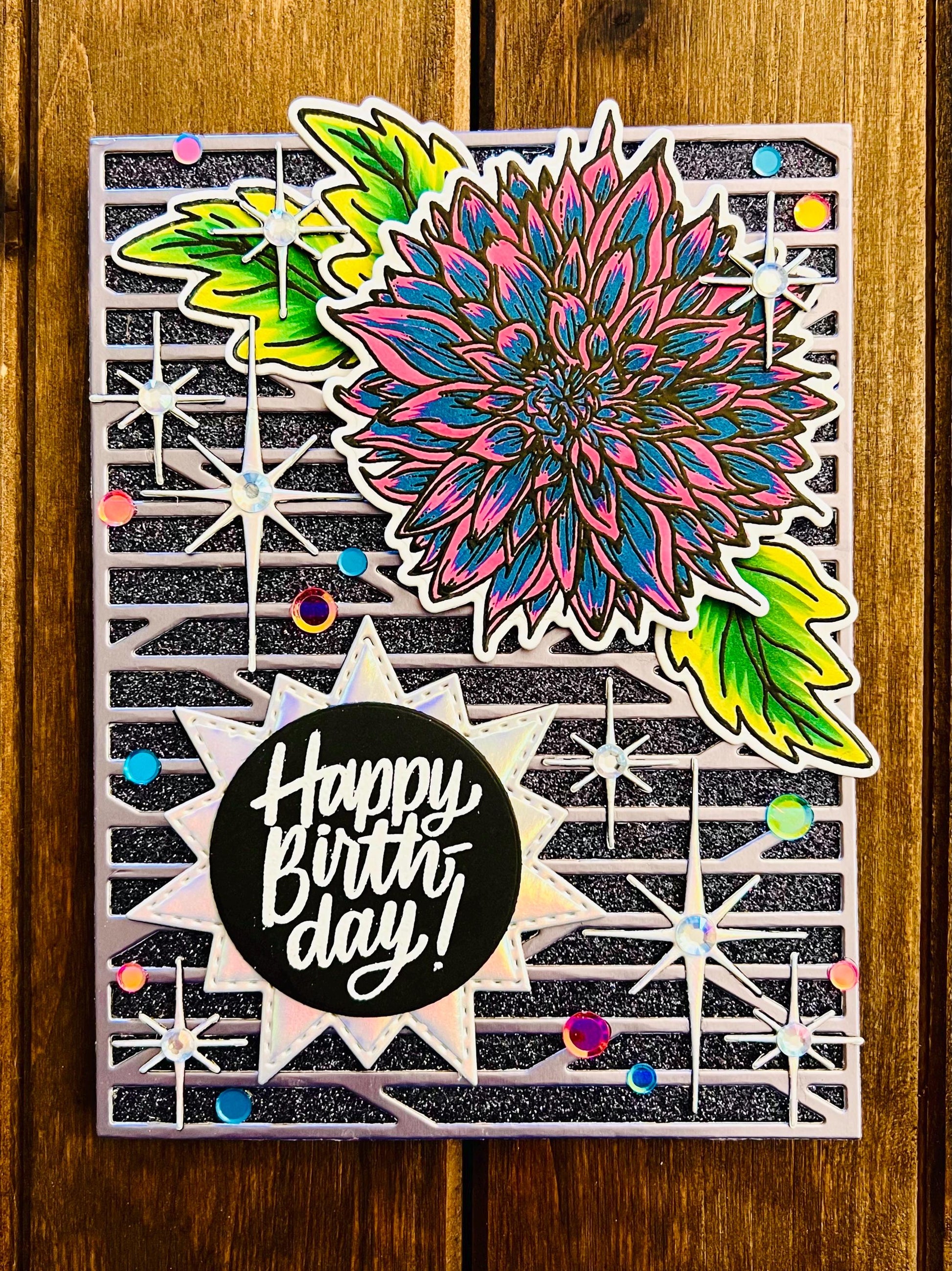 Teal and Pink Dahlia with Iridescent Silver Twinkling Sparkles Birthday Card