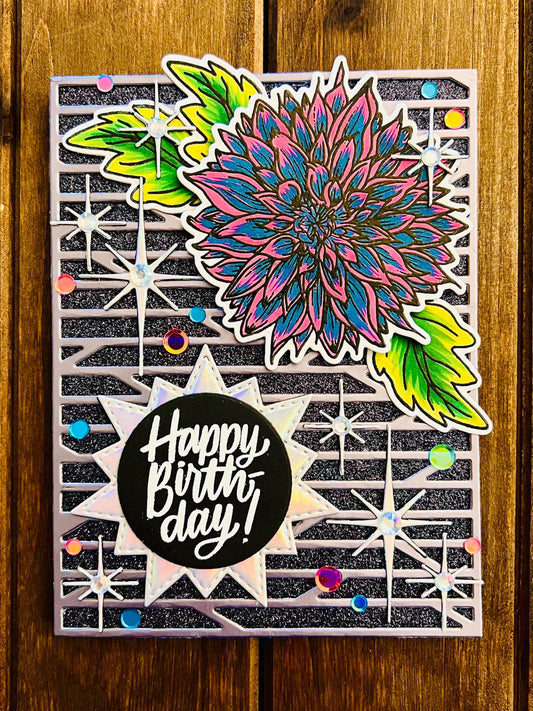 Teal and Pink Dahlia with Iridescent Silver Twinkling Sparkles Birthday Card