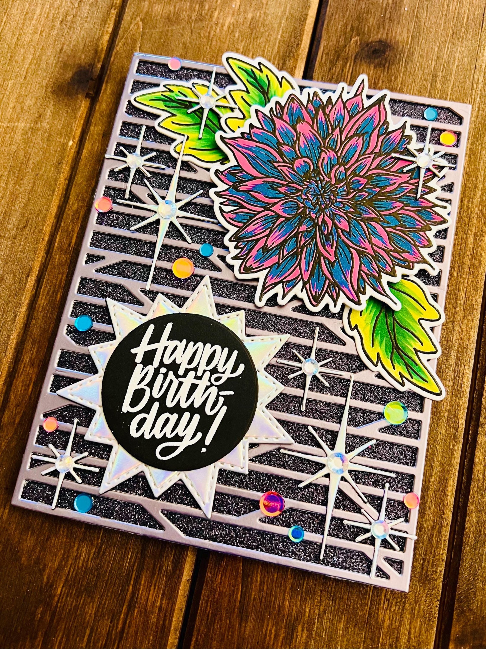 Teal and Pink Dahlia with Iridescent Silver Twinkling Sparkles Birthday Card
