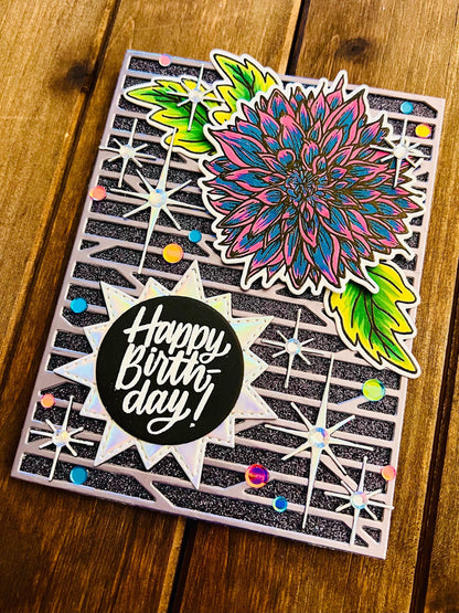 Teal and Pink Dahlia with Iridescent Silver Twinkling Sparkles Birthday Card