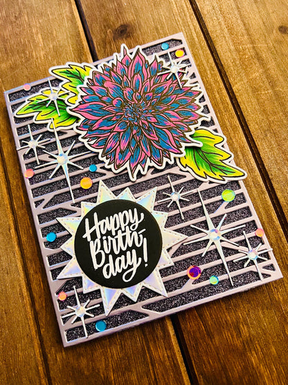 Teal and Pink Dahlia with Iridescent Silver Twinkling Sparkles Birthday Card