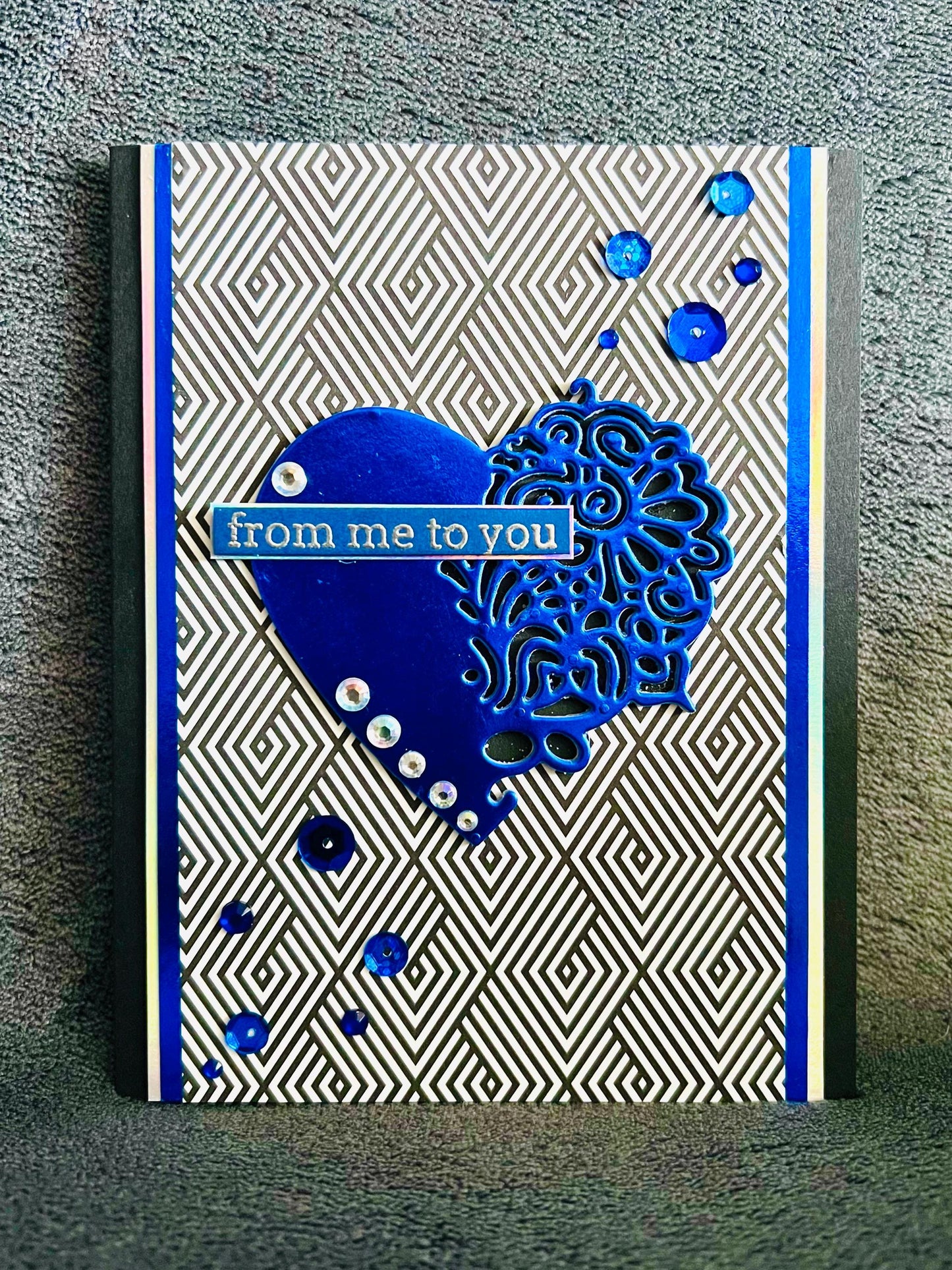 Metallic Blue Filigree Heart on Black Diamond Optical Illusion Background From Me to You Card