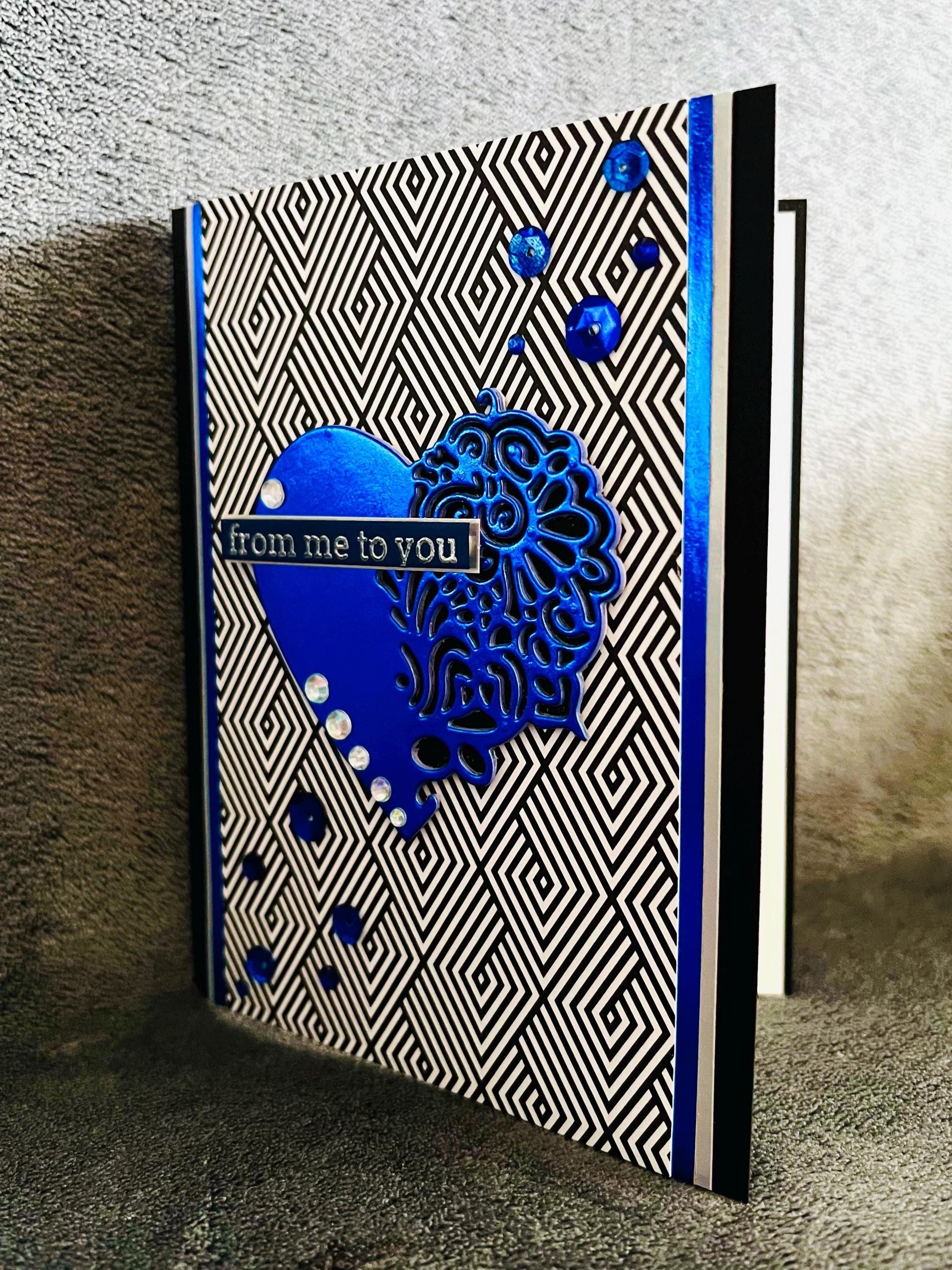 Metallic Blue Filigree Heart on Black Diamond Optical Illusion Background From Me to You Card