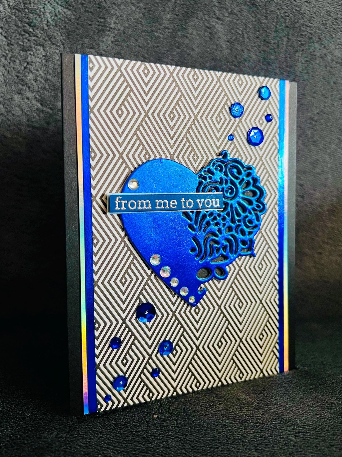Metallic Blue Filigree Heart on Black Diamond Optical Illusion Background From Me to You Card