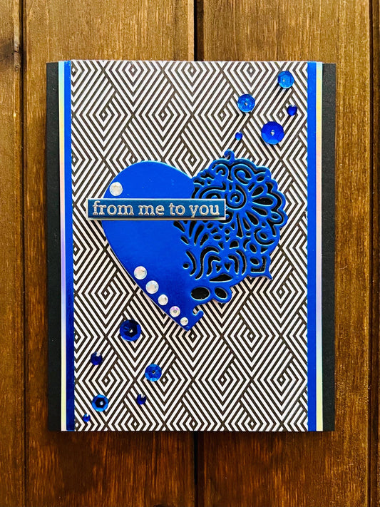 Metallic Blue Filigree Heart on Black Diamond Optical Illusion Background From Me to You Card