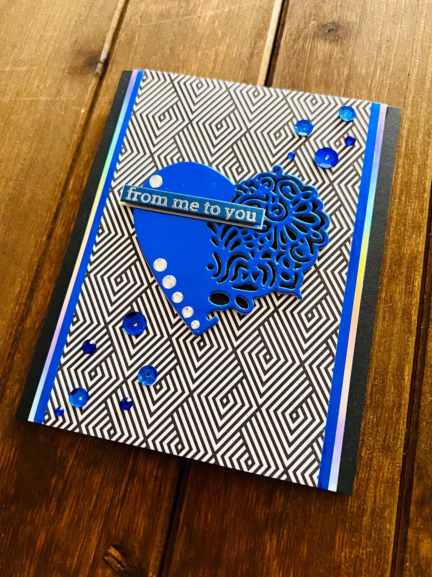 Metallic Blue Filigree Heart on Black Diamond Optical Illusion Background From Me to You Card