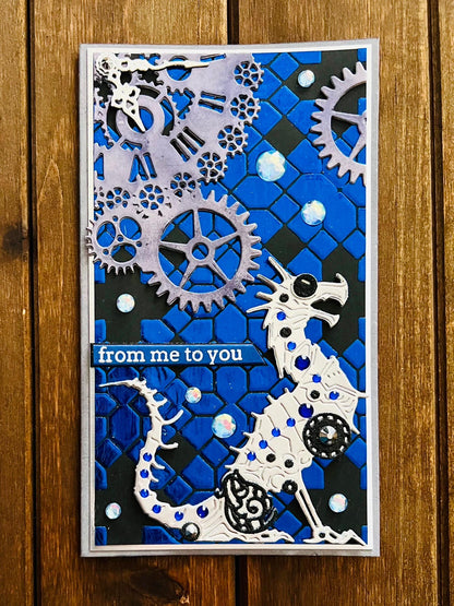 Silver Mechanical Dragon and Steampunk Clock Blue Tile Background Slimline From Me to You Card