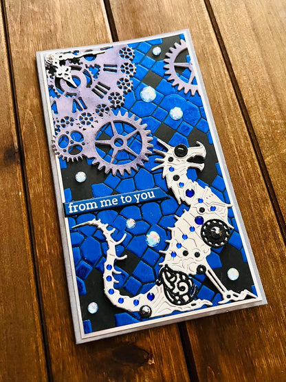 Silver Mechanical Dragon and Steampunk Clock Blue Tile Background Slimline From Me to You Card