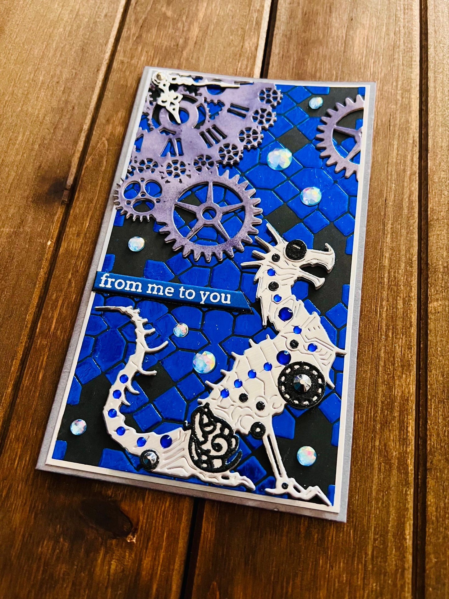 Silver Mechanical Dragon and Steampunk Clock Blue Tile Background Slimline From Me to You Card