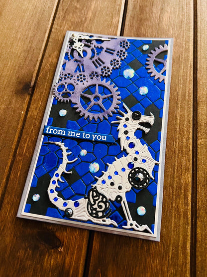 Silver Mechanical Dragon and Steampunk Clock Blue Tile Background Slimline From Me to You Card