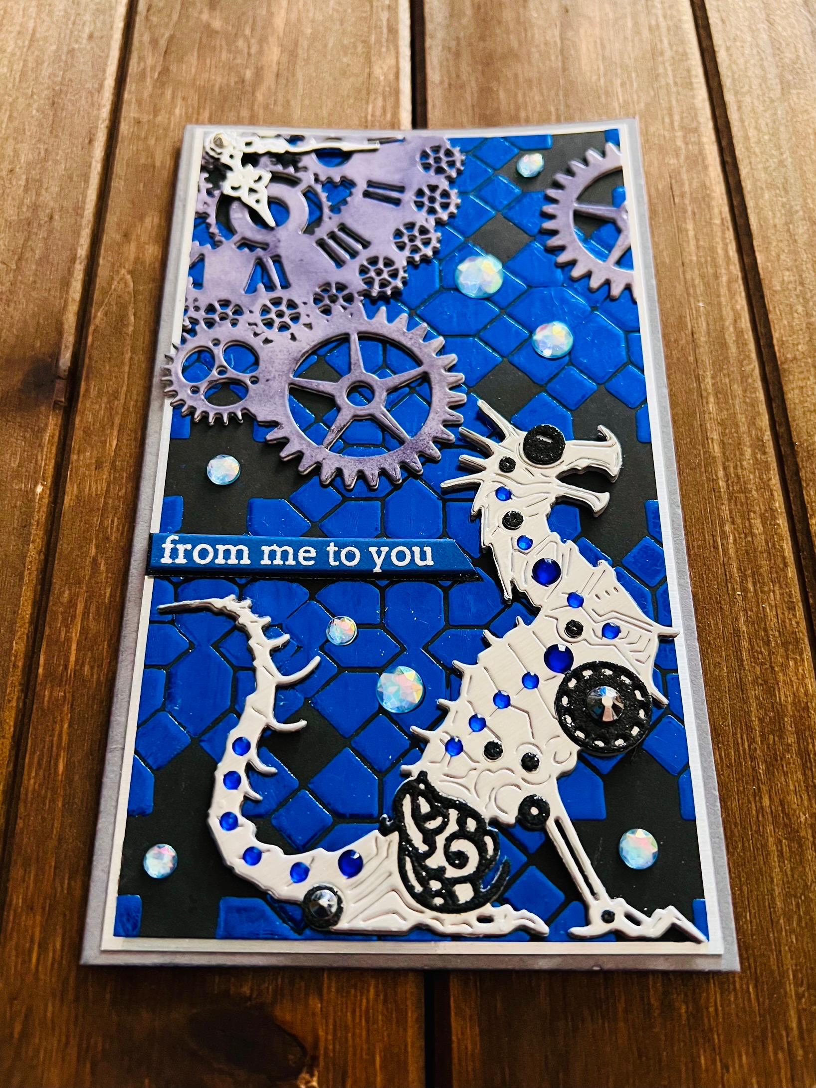 Silver Mechanical Dragon and Steampunk Clock Blue Tile Background Slimline From Me to You Card