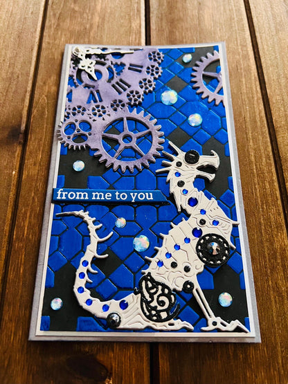 Silver Mechanical Dragon and Steampunk Clock Blue Tile Background Slimline From Me to You Card
