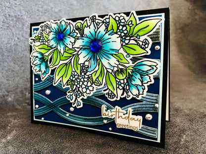 Blue Cosmos Flower Bunch Birthday Greetings Card