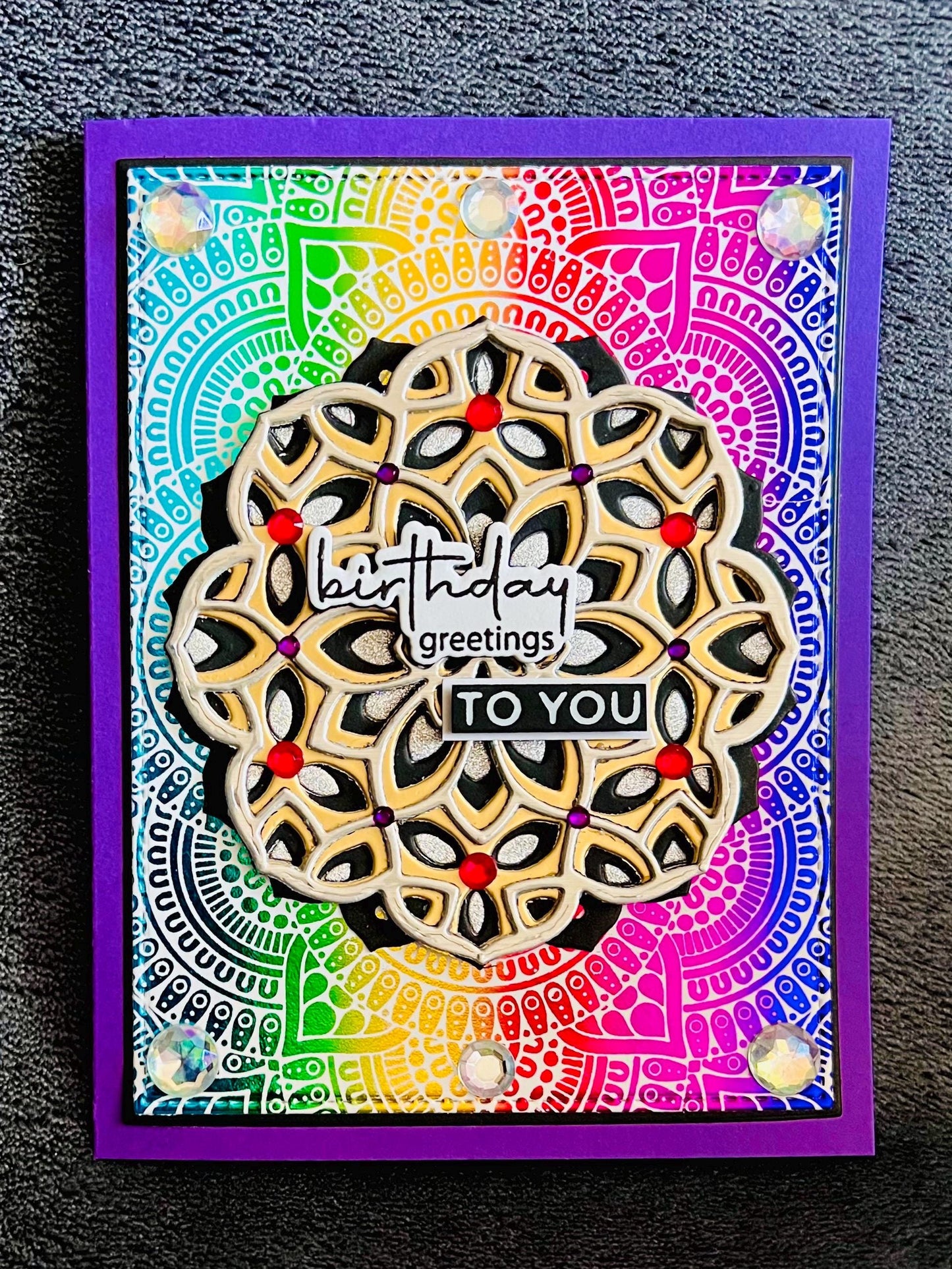 Gold and Silver Mandala on Rainbow Foil Background Birthday Greetings To You Card