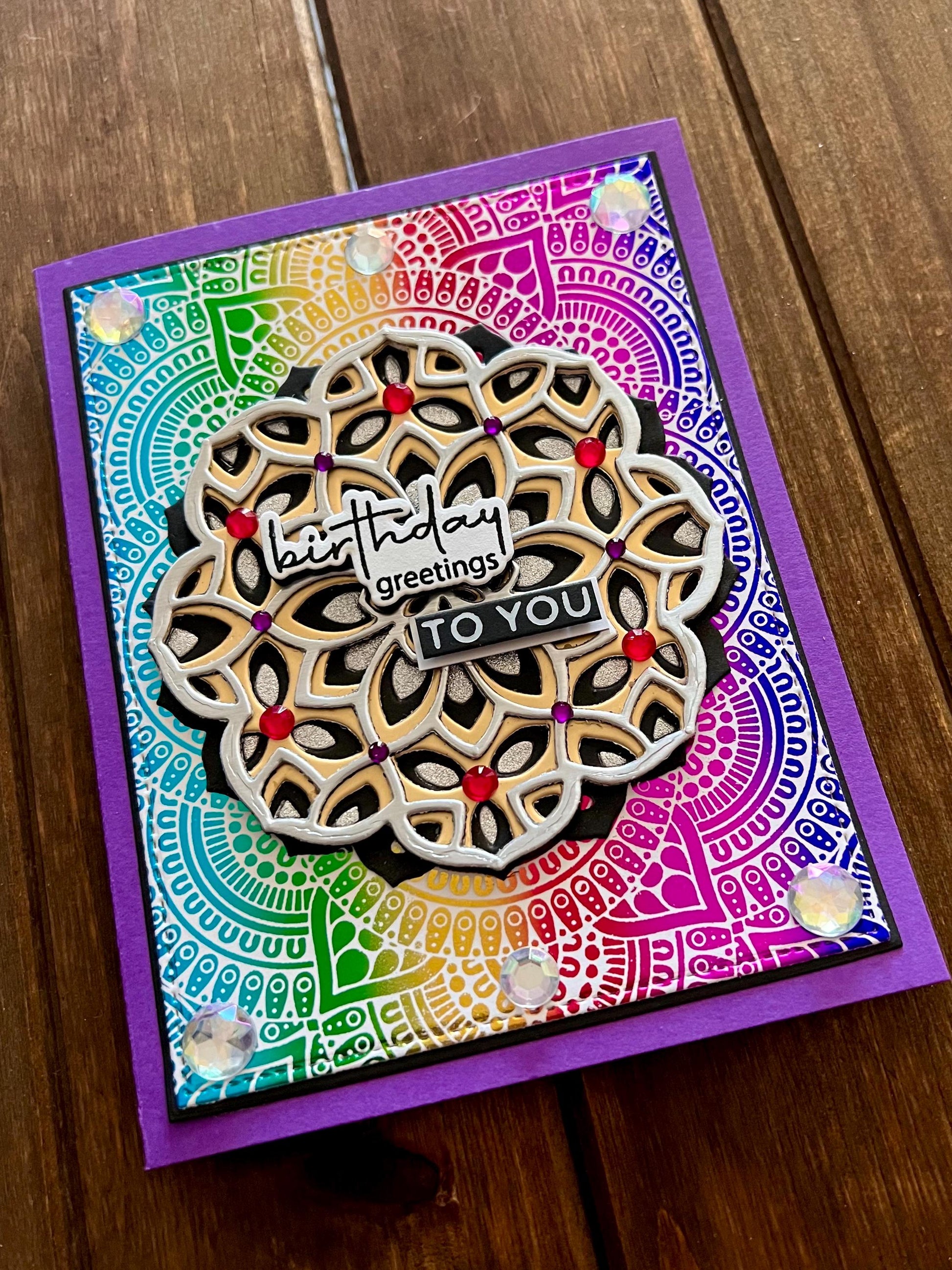 Gold and Silver Mandala on Rainbow Foil Background Birthday Greetings To You Card