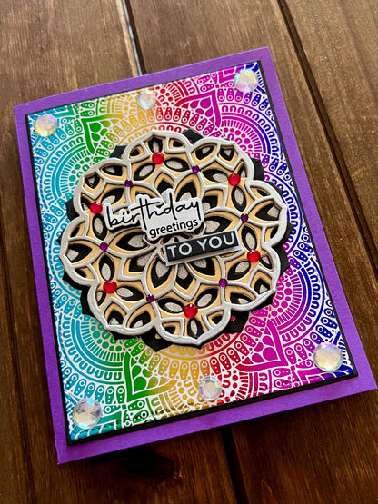 Gold and Silver Mandala on Rainbow Foil Background Birthday Greetings To You Card