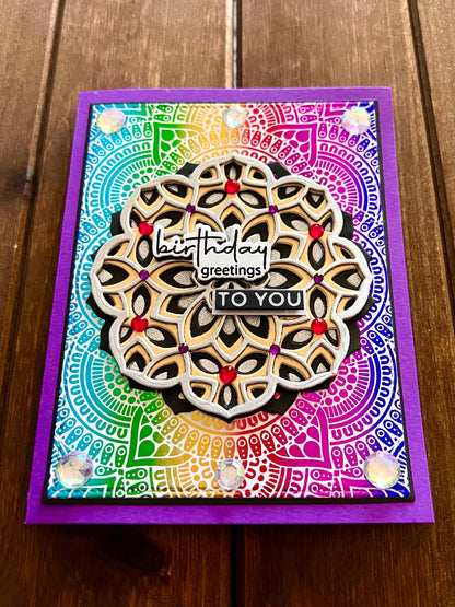 Gold and Silver Mandala on Rainbow Foil Background Birthday Greetings To You Card