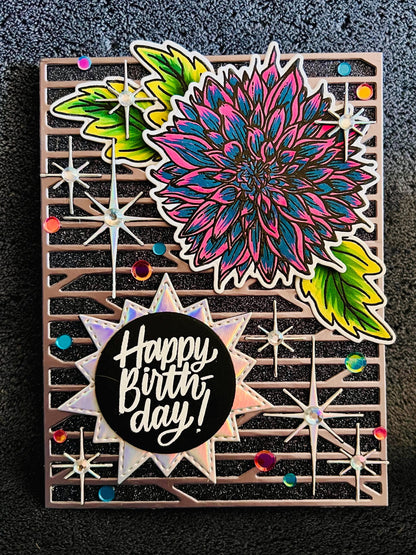 Teal and Pink Dahlia with Iridescent Silver Twinkling Sparkles Birthday Card