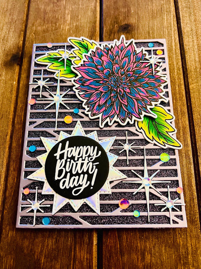 Teal and Pink Dahlia with Iridescent Silver Twinkling Sparkles Birthday Card
