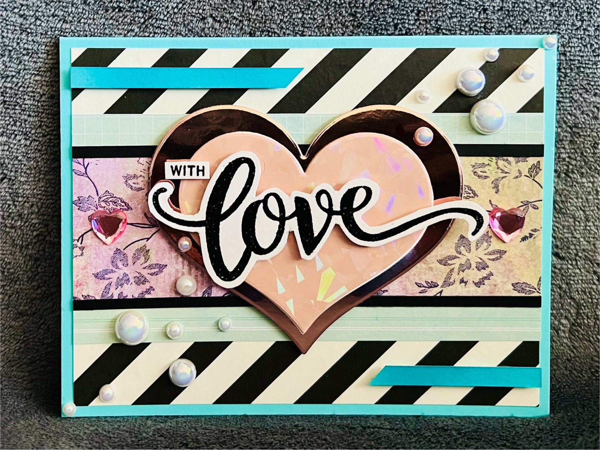 Black and White Diagonal Striped Background and Large Pink Heart With Love Card