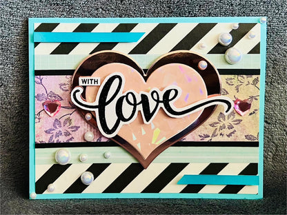 Black and White Diagonal Striped Background and Large Pink Heart With Love Card