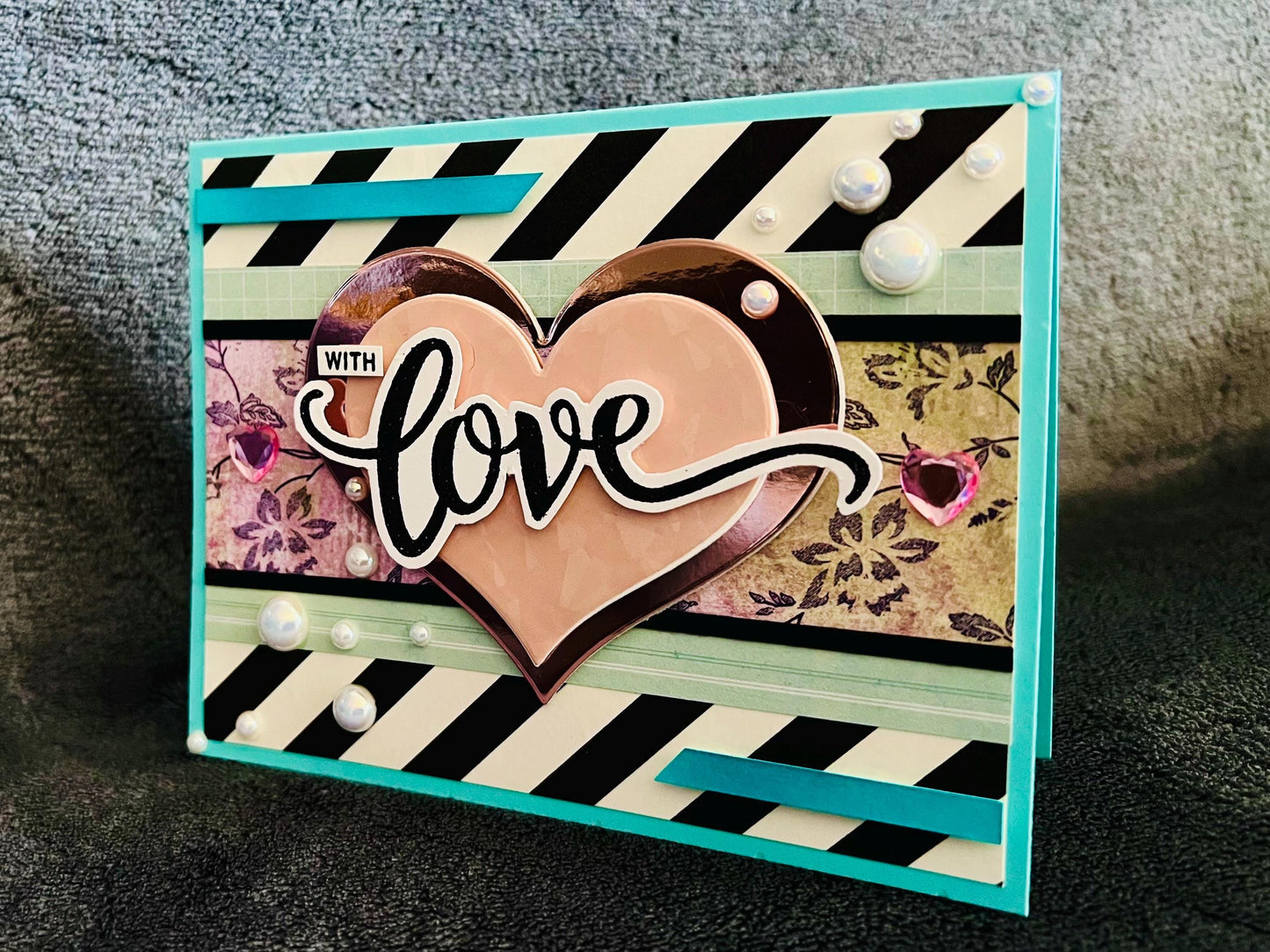 Black and White Diagonal Striped Background and Large Pink Heart With Love Card