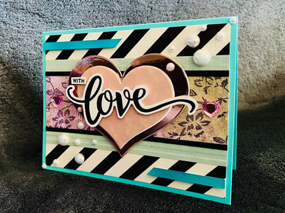 Black and White Diagonal Striped Background and Large Pink Heart With Love Card