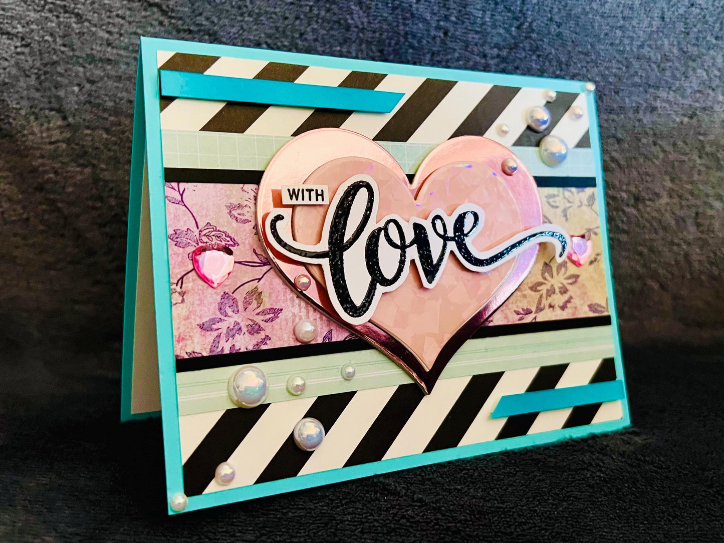Black and White Diagonal Striped Background and Large Pink Heart With Love Card