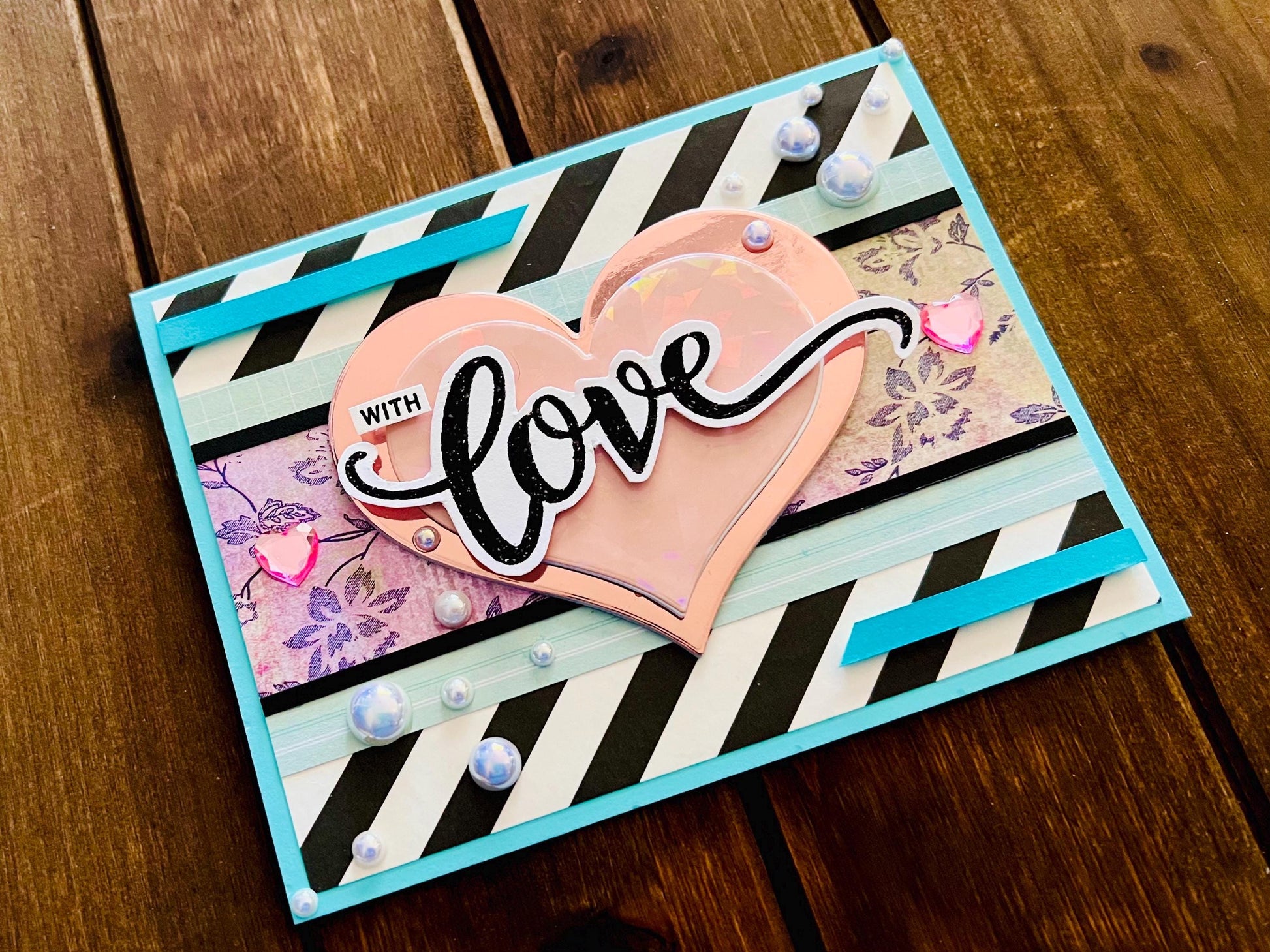 Black and White Diagonal Striped Background and Large Pink Heart With Love Card