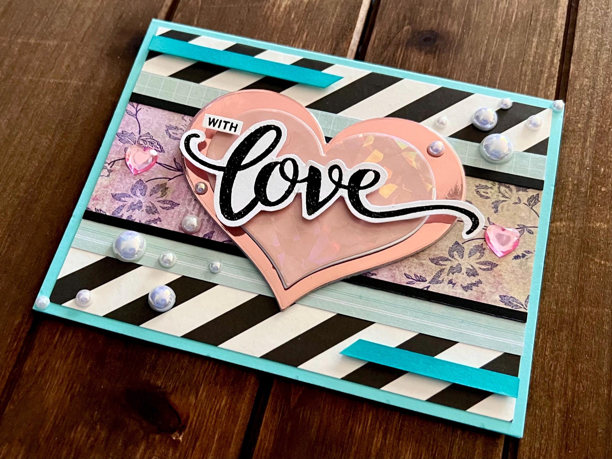 Black and White Diagonal Striped Background and Large Pink Heart With Love Card