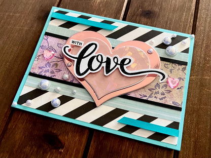 Black and White Diagonal Striped Background and Large Pink Heart With Love Card
