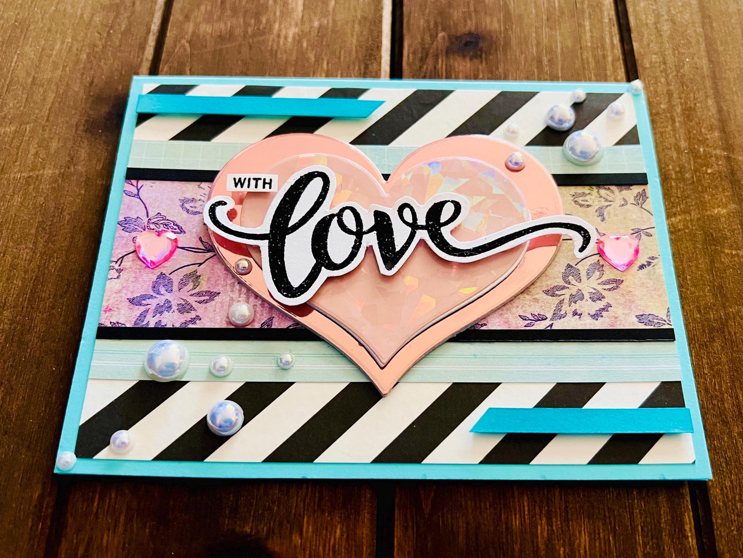Black and White Diagonal Striped Background and Large Pink Heart With Love Card