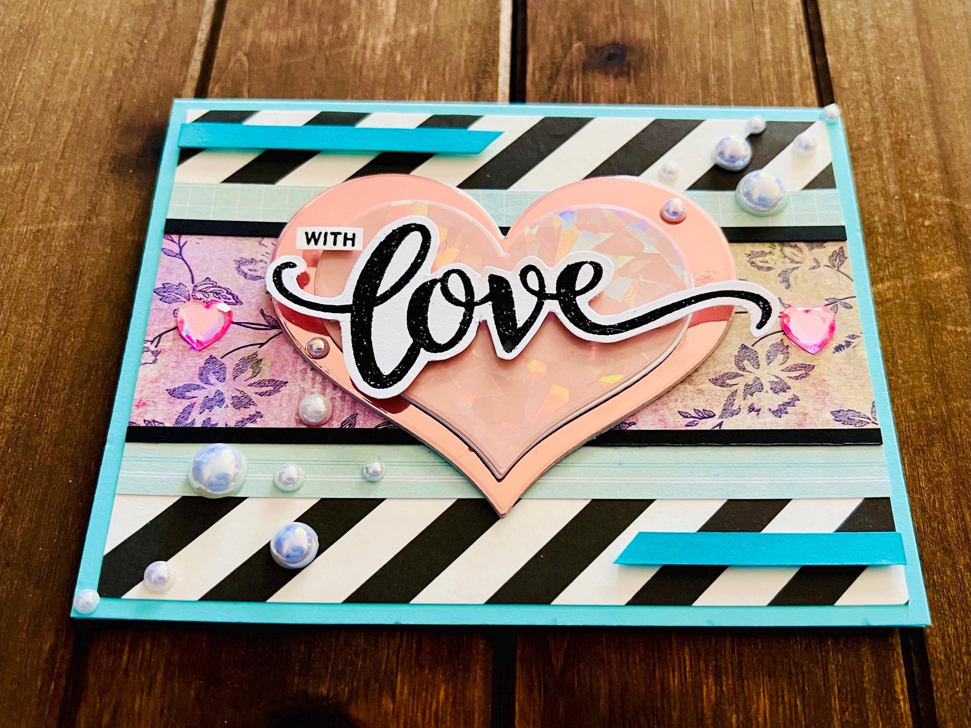 Black and White Diagonal Striped Background and Large Pink Heart With Love Card