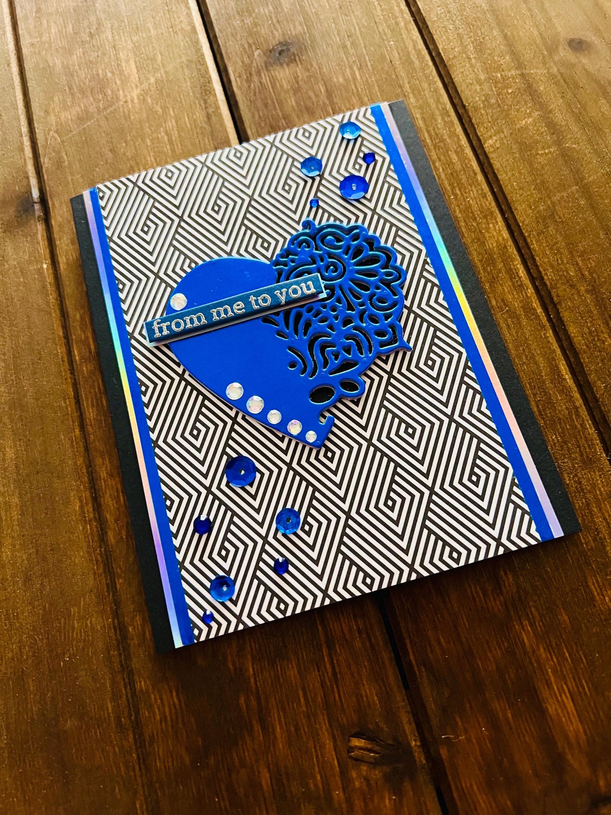 Metallic Blue Filigree Heart on Black Diamond Optical Illusion Background From Me to You Card