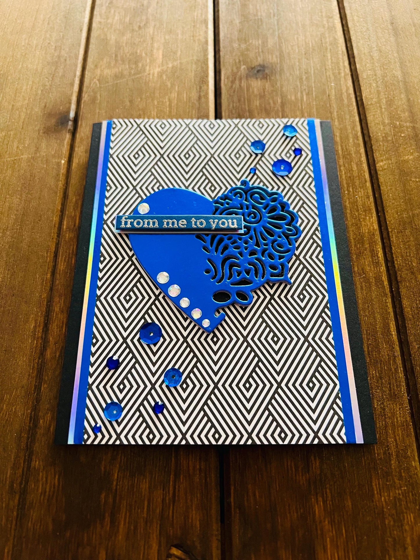 Metallic Blue Filigree Heart on Black Diamond Optical Illusion Background From Me to You Card