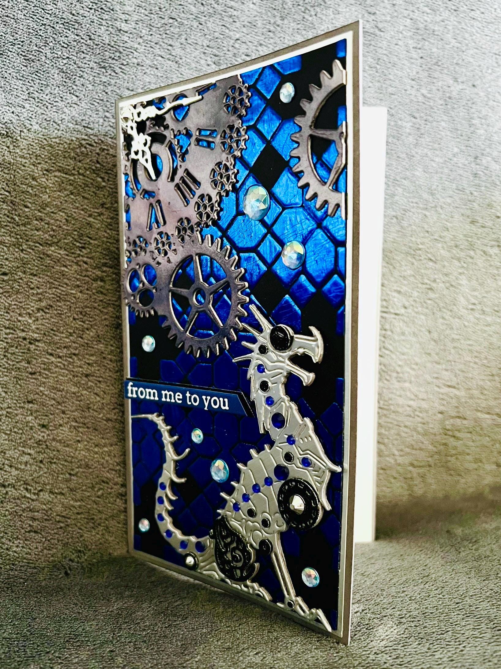Silver Mechanical Dragon and Steampunk Clock Blue Tile Background Slimline From Me to You Card