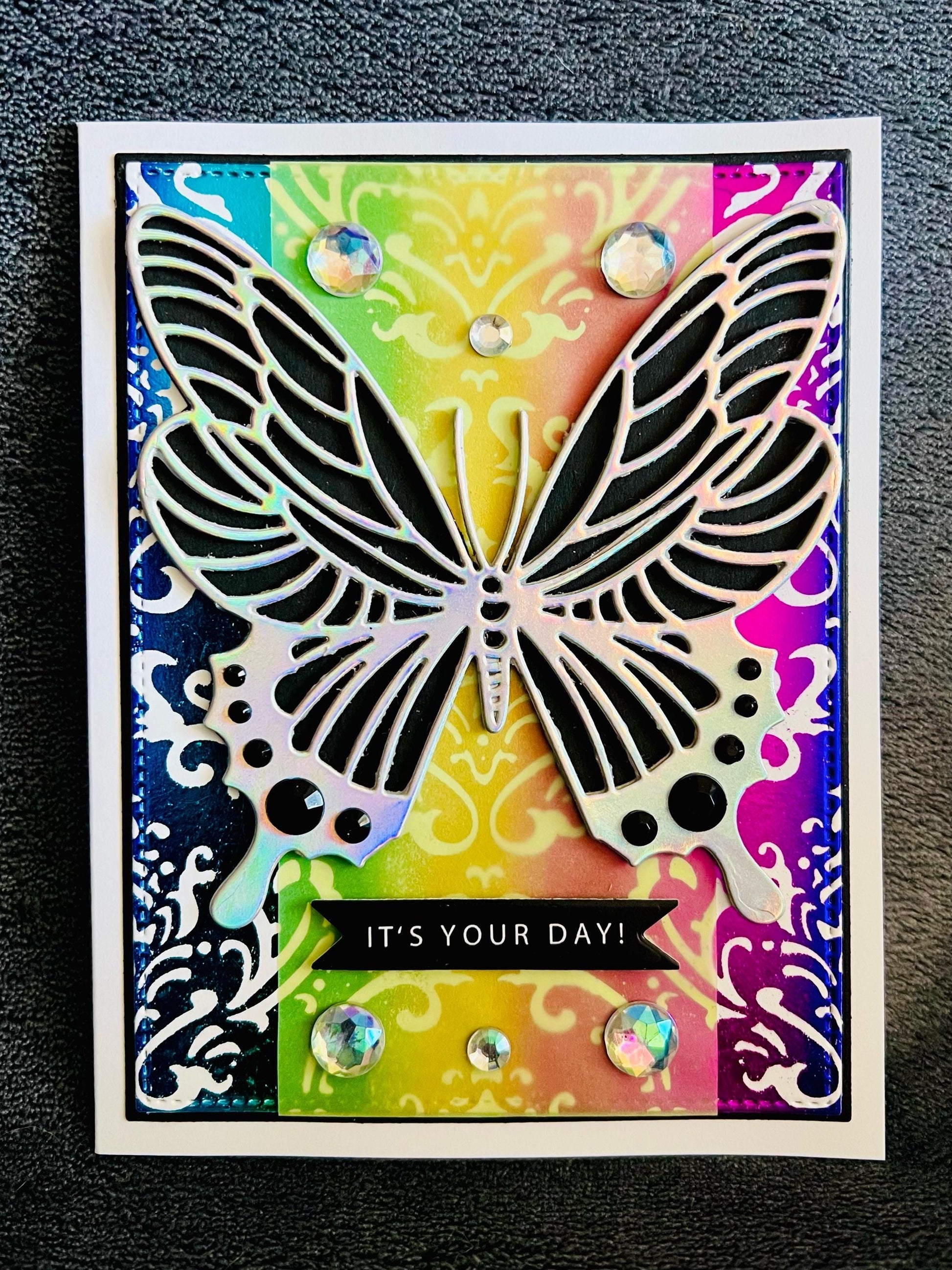 Silver Butterfly on Foiled Rainbow Damask Background It’s Your Day Card