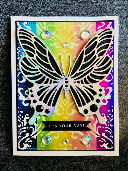 Silver Butterfly on Foiled Rainbow Damask Background It’s Your Day Card