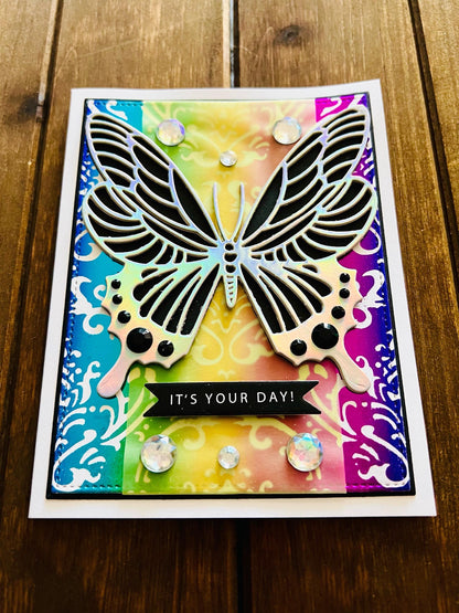 Silver Butterfly on Foiled Rainbow Damask Background It’s Your Day Card