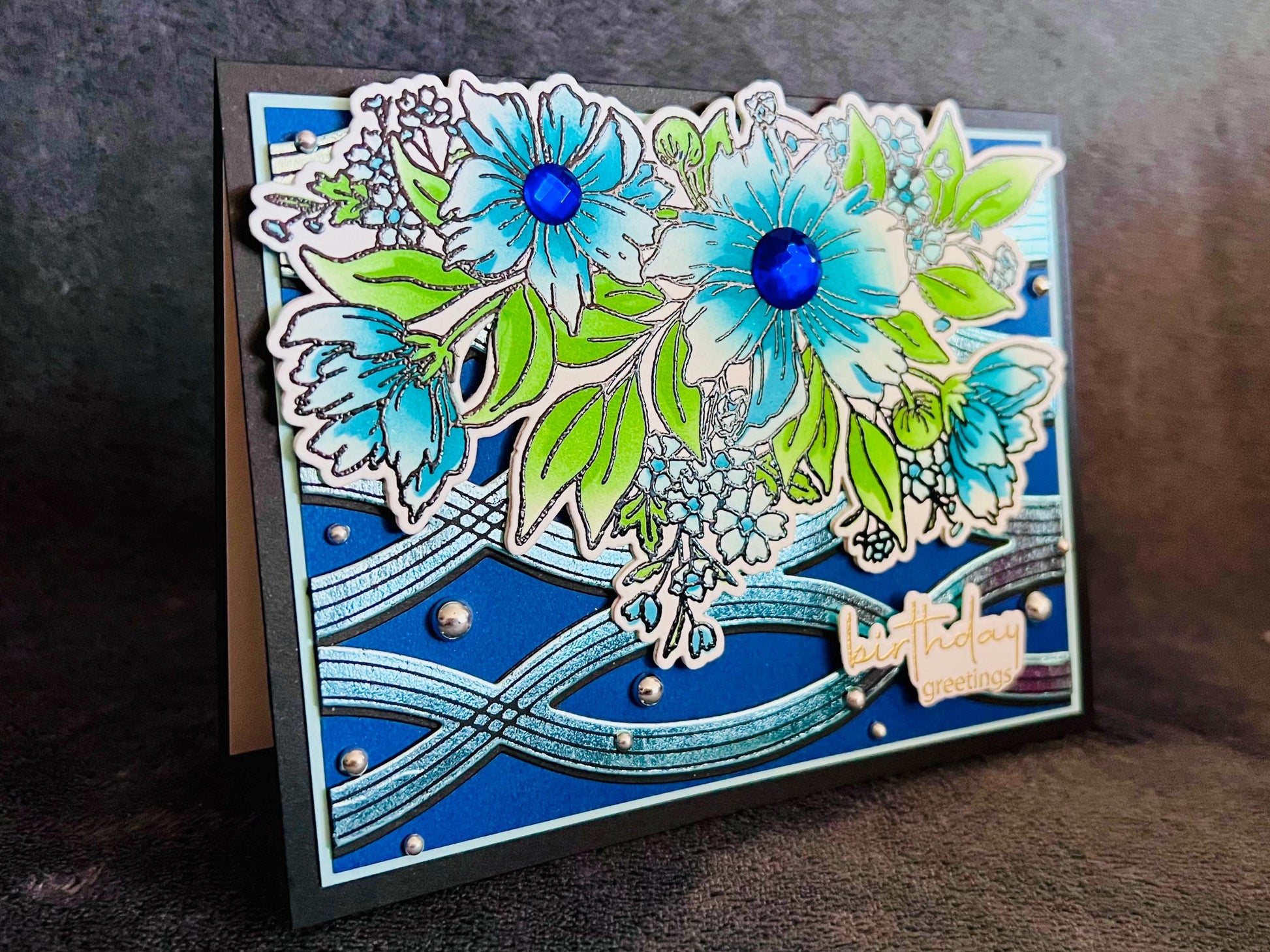 Blue Cosmos Flower Bunch Birthday Greetings Card