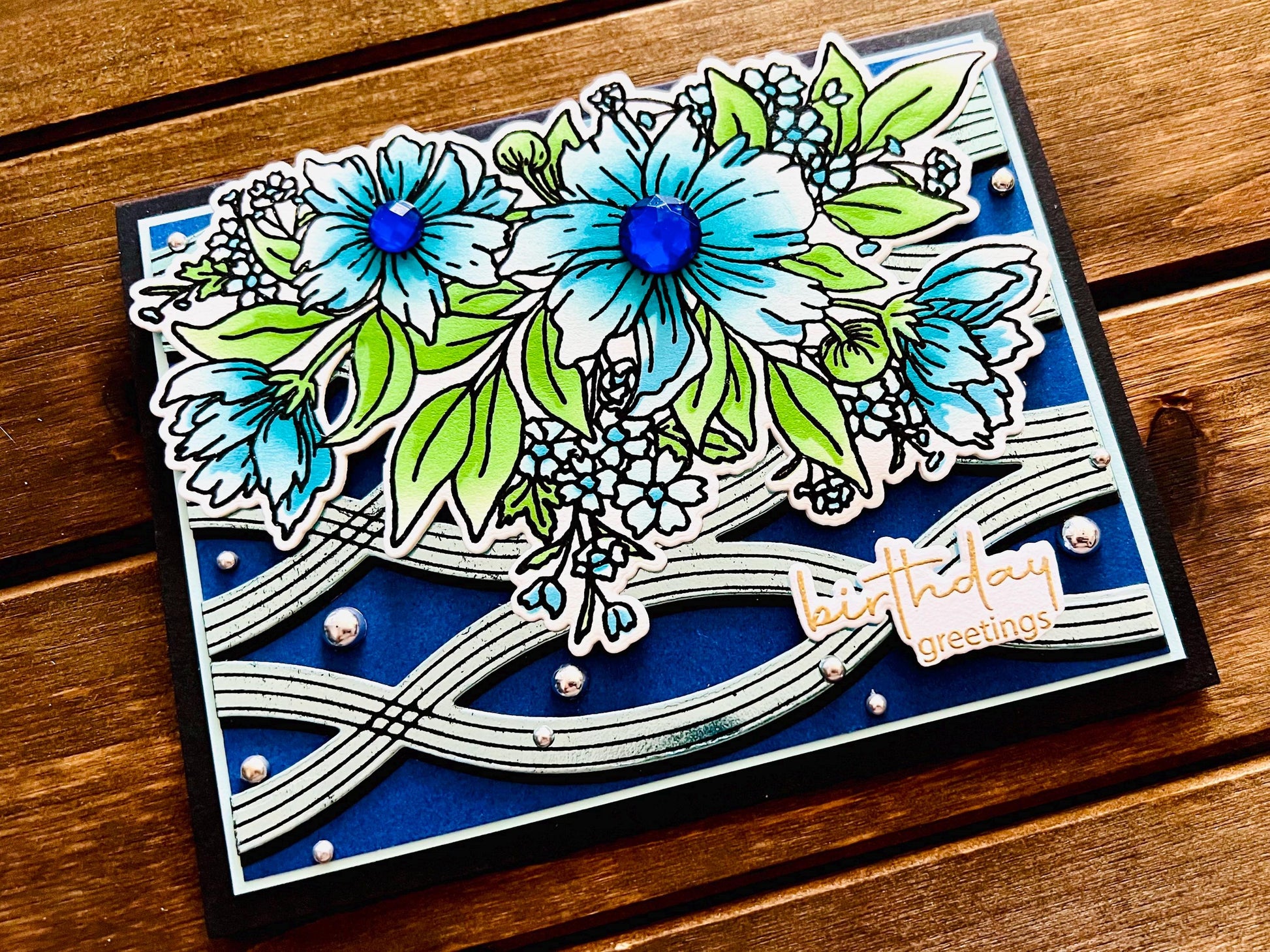 Blue Cosmos Flower Bunch Birthday Greetings Card