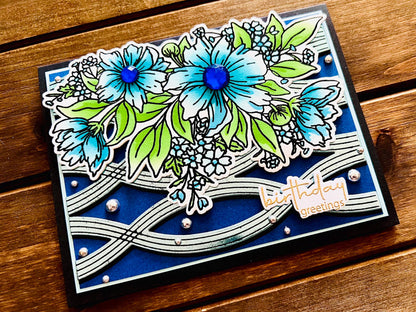 Blue Cosmos Flower Bunch Birthday Greetings Card