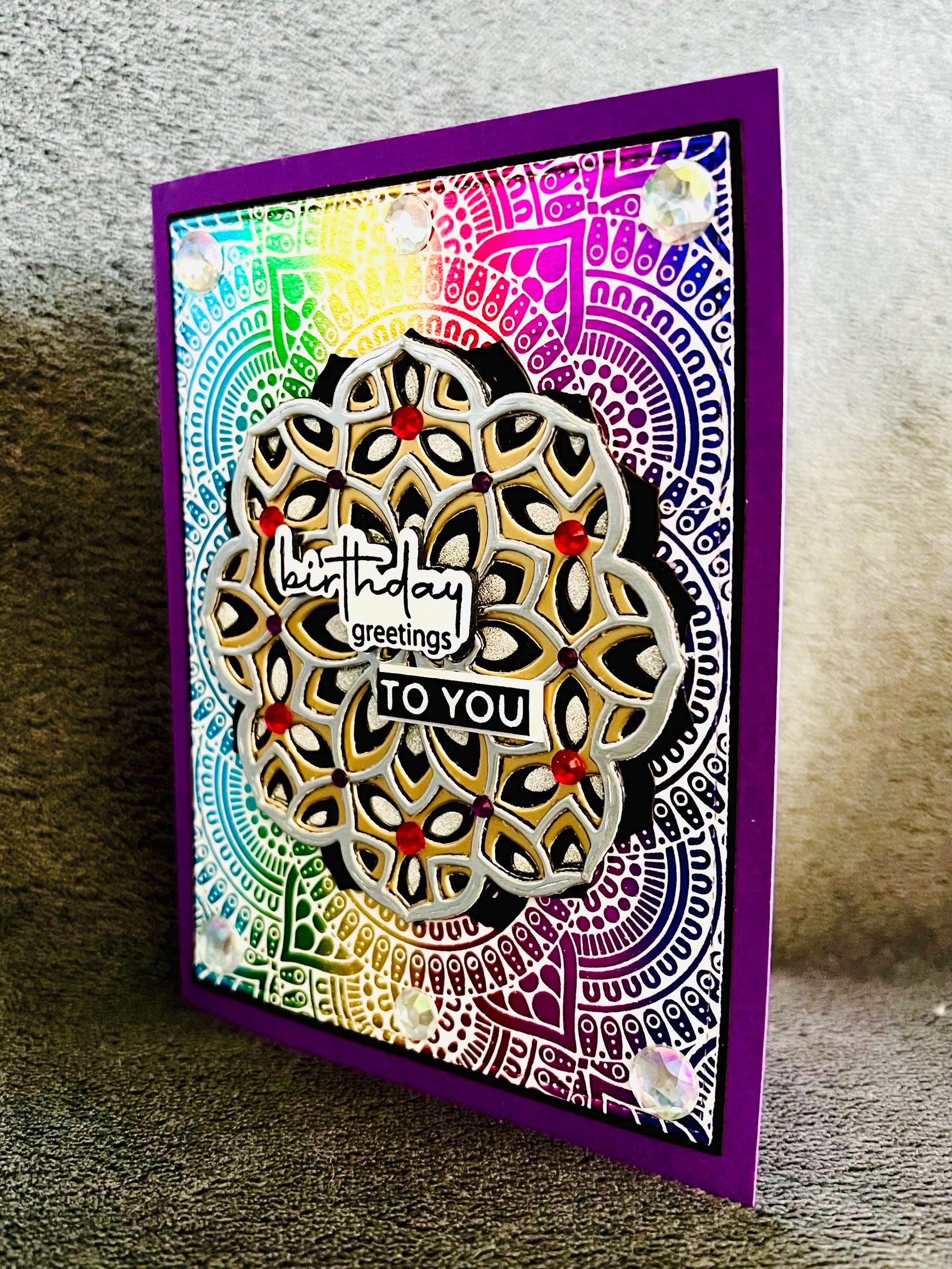 Gold and Silver Mandala on Rainbow Foil Background Birthday Greetings To You Card