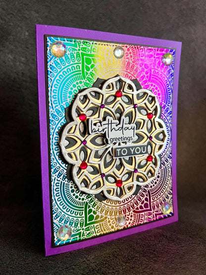 Gold and Silver Mandala on Rainbow Foil Background Birthday Greetings To You Card
